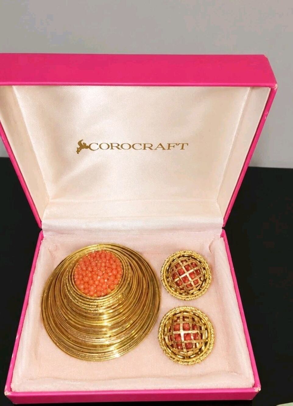 Vintage Corocraft Brooch & Clip Earrings Set Coral Bead Gold Tone w/ Original...